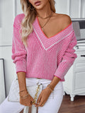 Striped V-Neck Long Sleeve Sweater - Trendsi