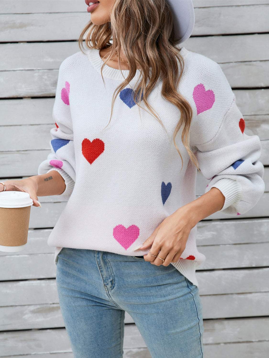 Angel Wings Heart Round Neck Long Sleeve Sweater - Trendsi - Flyclothing LLC