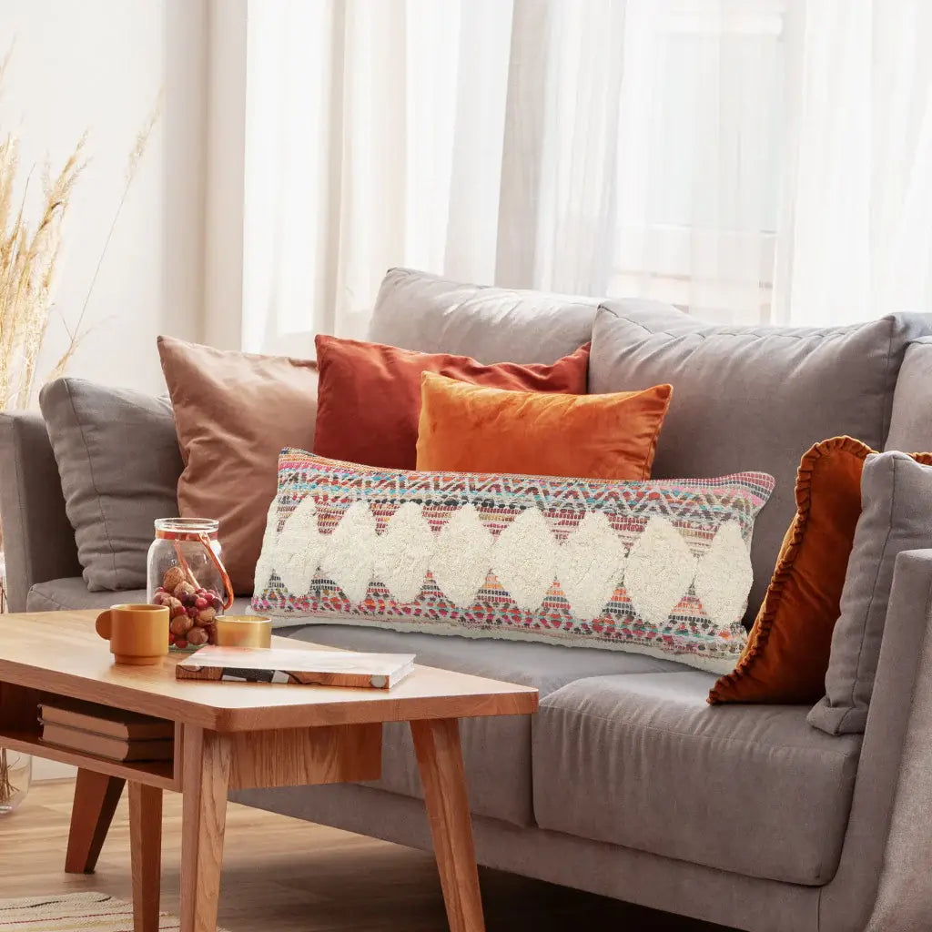 14" X 36" Natural Blue And Red Lumbar Geometric Cotton Throw Pillow Cover with Tufts - Homeroots - Flyclothing LLC