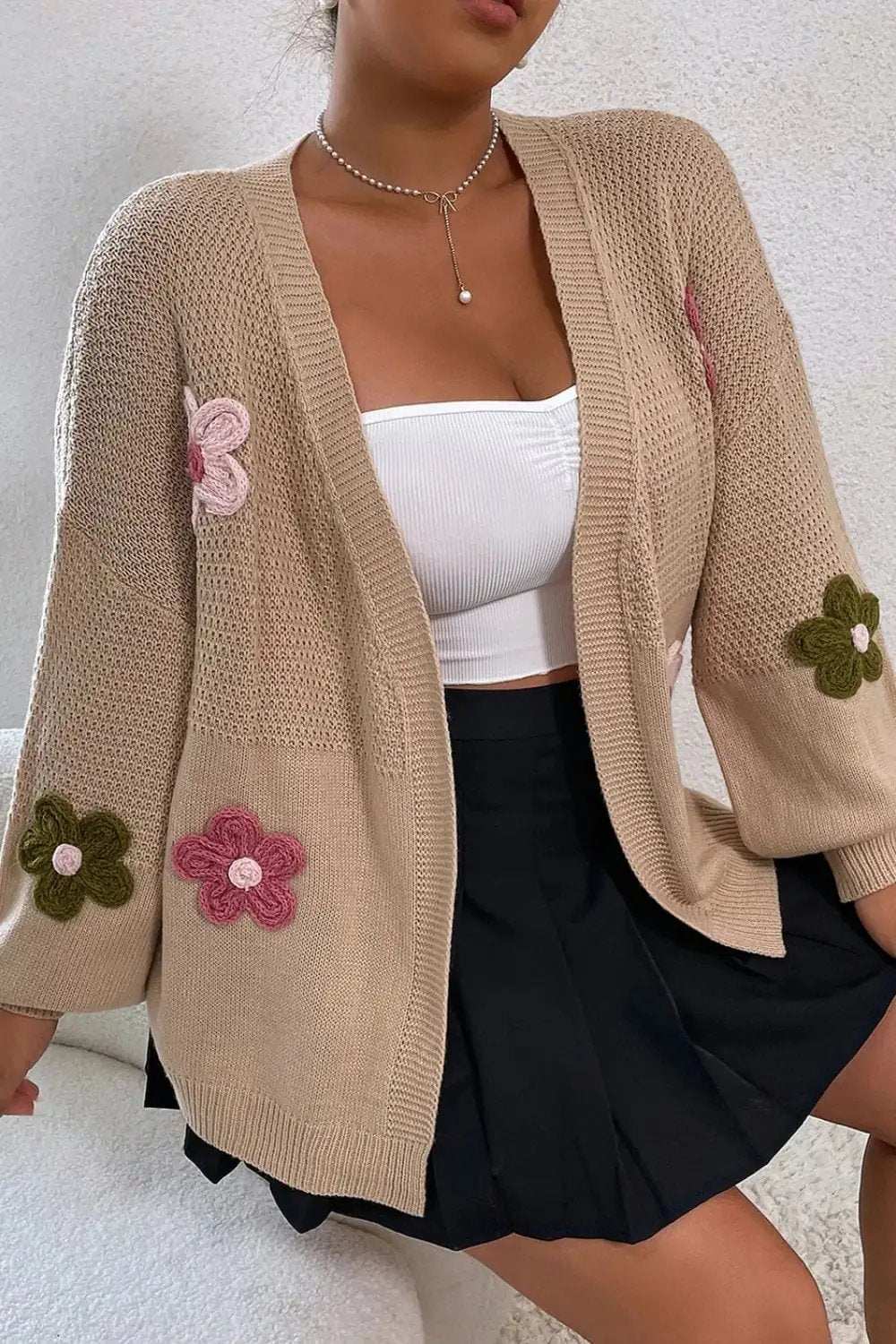 Floral Applique Drop Shoulder Open Front Cardigan - Trendsi - Flyclothing LLC