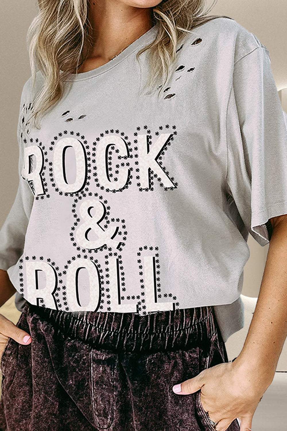 ROCK & ROLL Round Neck Dropped Shoulder T-Shirt - Trendsi - Flyclothing LLC