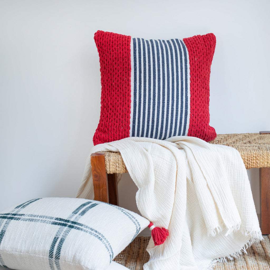 20" Red And Blue Striped Cotton Blend Throw Pillow Cover - HomeRoots - Flyclothing LLC