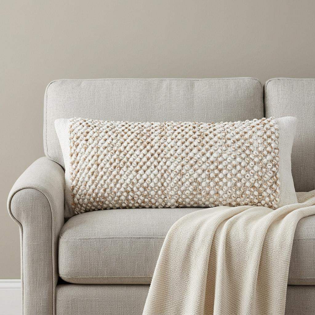 14" X 36" White And Beige Lumbar Geometric Cotton Blend Throw Pillow Cover with Texture - HomeRoots - Flyclothing LLC