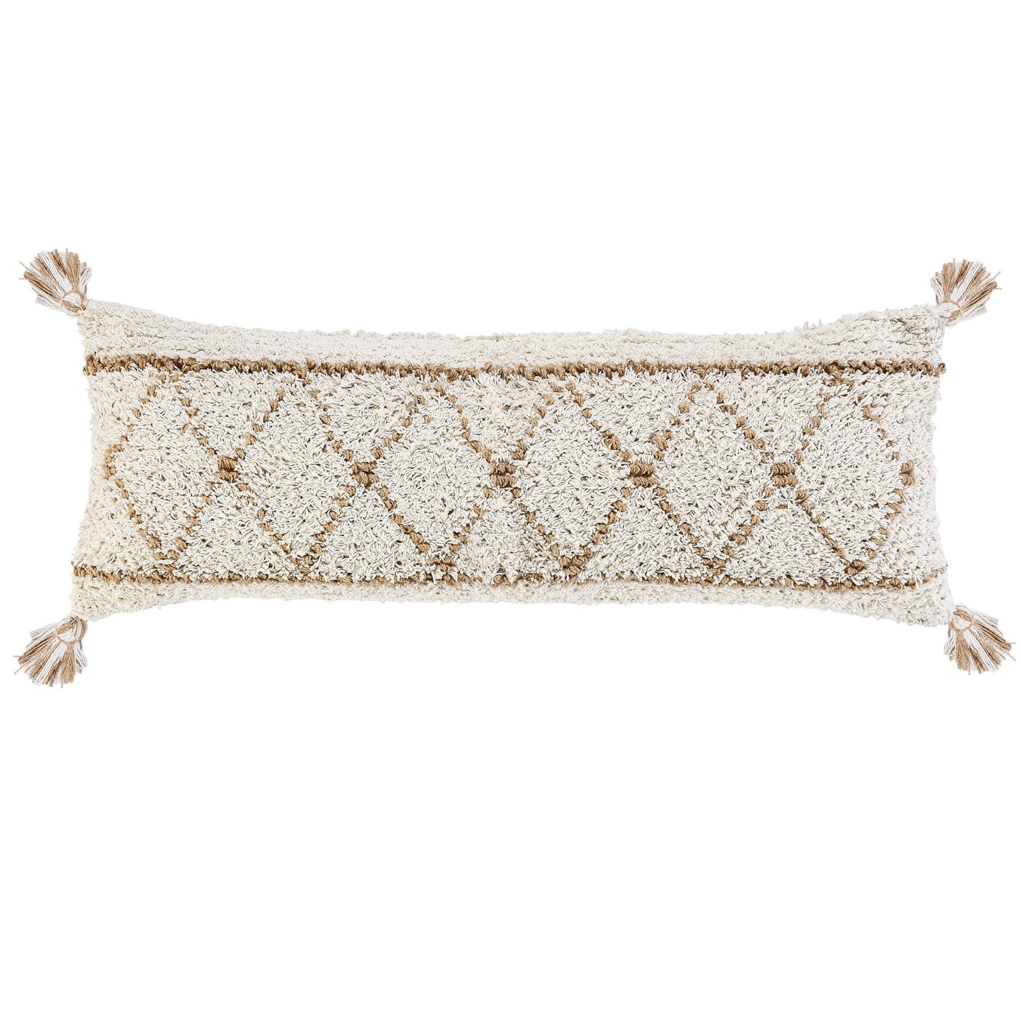 14" X 36" Beige And Ivory Lumbar Geometric Jute And Shag Throw Pillow Cover with Tassels - HomeRoots - Flyclothing LLC
