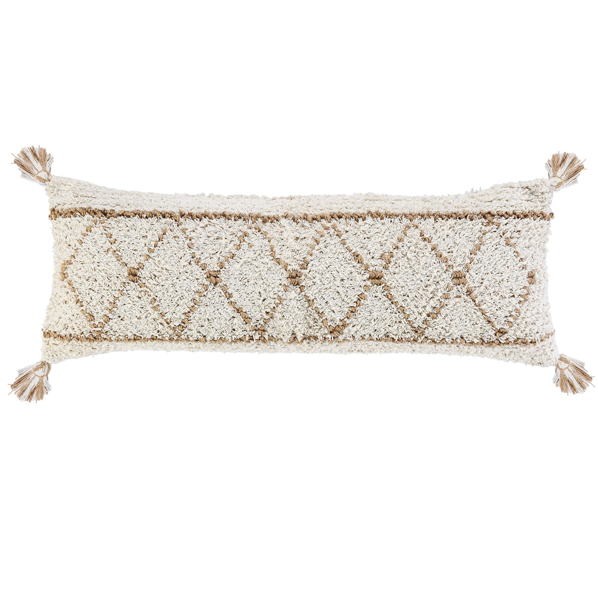 14" X 36" Beige And Ivory Lumbar Geometric Jute And Shag Throw Pillow Cover with Tassels - HomeRoots - Flyclothing LLC