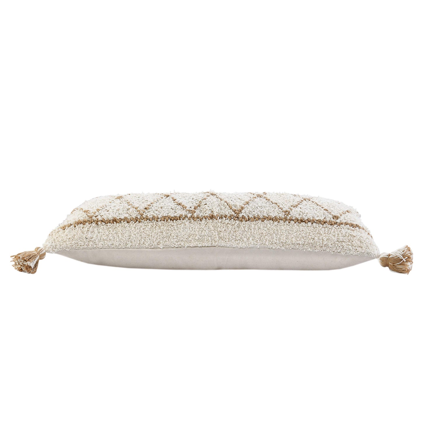 14" X 36" Beige And Ivory Lumbar Geometric Jute And Shag Throw Pillow Cover with Tassels - HomeRoots - Flyclothing LLC