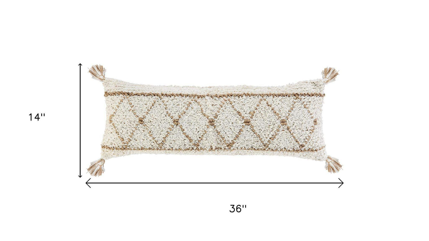 14" X 36" Beige And Ivory Lumbar Geometric Jute And Shag Throw Pillow Cover with Tassels - HomeRoots - Flyclothing LLC
