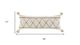14" X 36" Beige And Ivory Lumbar Geometric Jute And Shag Throw Pillow Cover with Tassels - HomeRoots - Flyclothing LLC