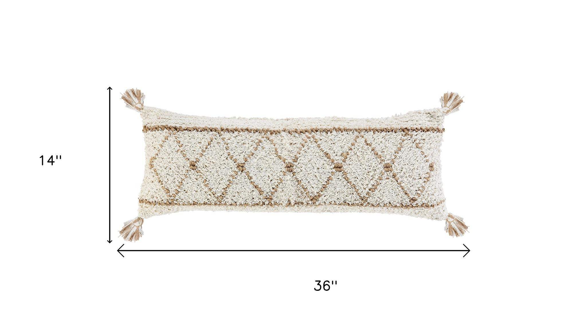 14" X 36" Beige And Ivory Lumbar Geometric Jute And Shag Throw Pillow Cover with Tassels - HomeRoots - Flyclothing LLC