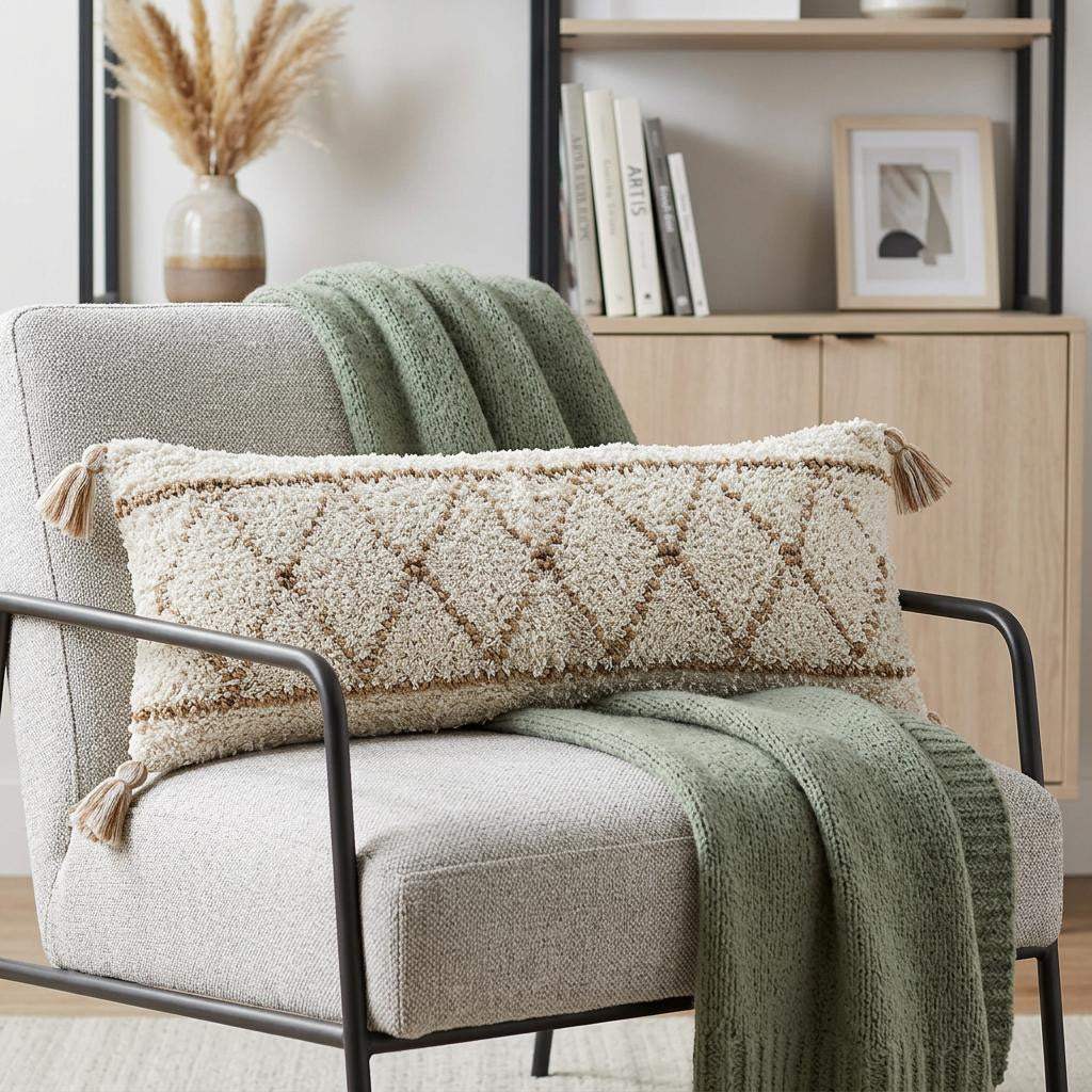 14" X 36" Beige And Ivory Lumbar Geometric Jute And Shag Throw Pillow Cover with Tassels - HomeRoots - Flyclothing LLC