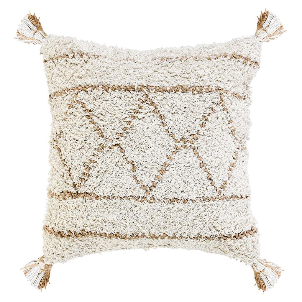 20" Ivory And Beige Geometric Cotton Blend Throw Pillow Cover with Tassels - HomeRoots - Flyclothing LLC