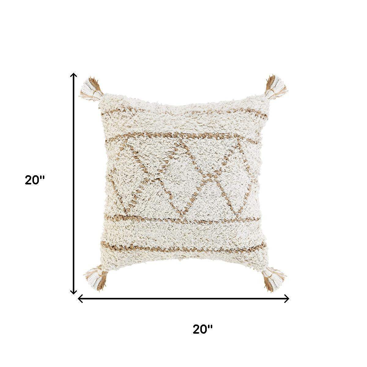 20" Ivory And Beige Geometric Cotton Blend Throw Pillow Cover with Tassels - HomeRoots - Flyclothing LLC