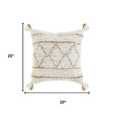 20" Ivory And Beige Geometric Cotton Blend Throw Pillow Cover with Tassels - HomeRoots - Flyclothing LLC