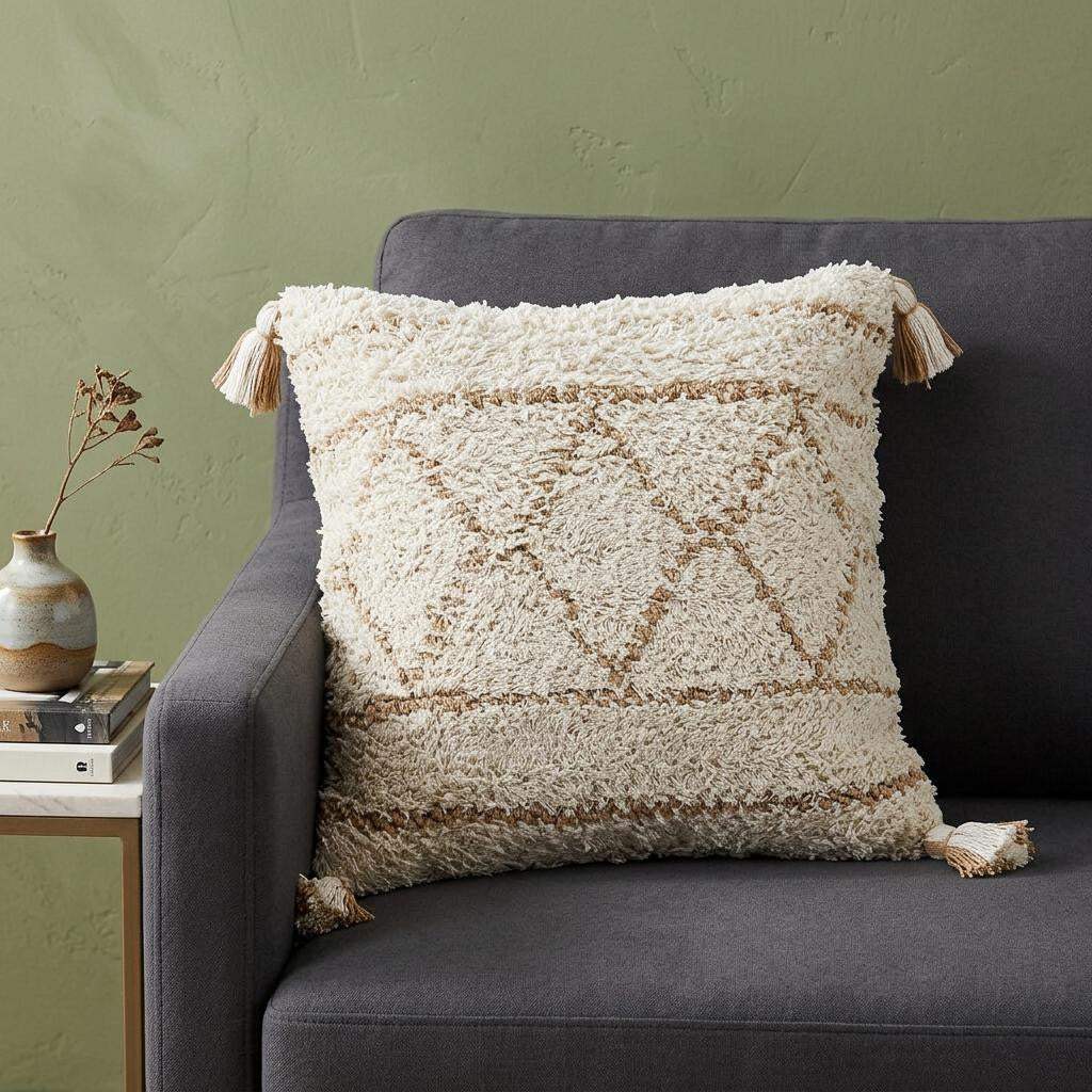 20" Ivory And Beige Geometric Cotton Blend Throw Pillow Cover with Tassels - HomeRoots - Flyclothing LLC