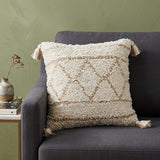 20" Ivory And Beige Geometric Cotton Blend Throw Pillow Cover with Tassels - HomeRoots - Flyclothing LLC