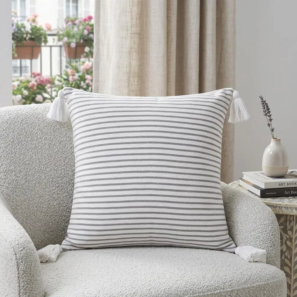 20" Gray And White Striped Cotton Throw Pillow Cover with Tassels - Homeroots - Flyclothing LLC