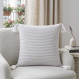 20" Gray And White Striped Cotton Throw Pillow Cover with Tassels - HomeRoots - Flyclothing LLC
