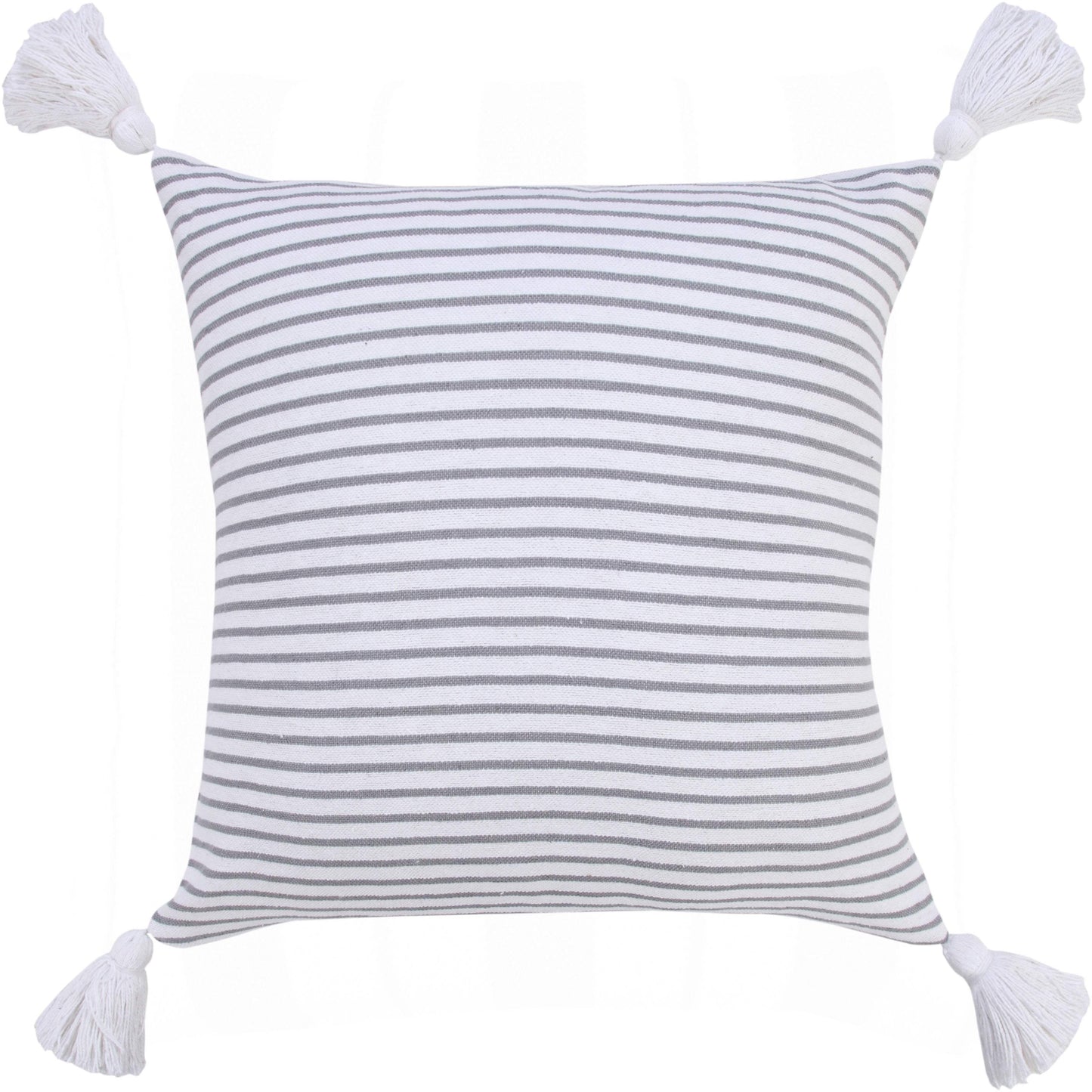 20" Gray And White Striped Cotton Throw Pillow Cover with Tassels - HomeRoots - Flyclothing LLC