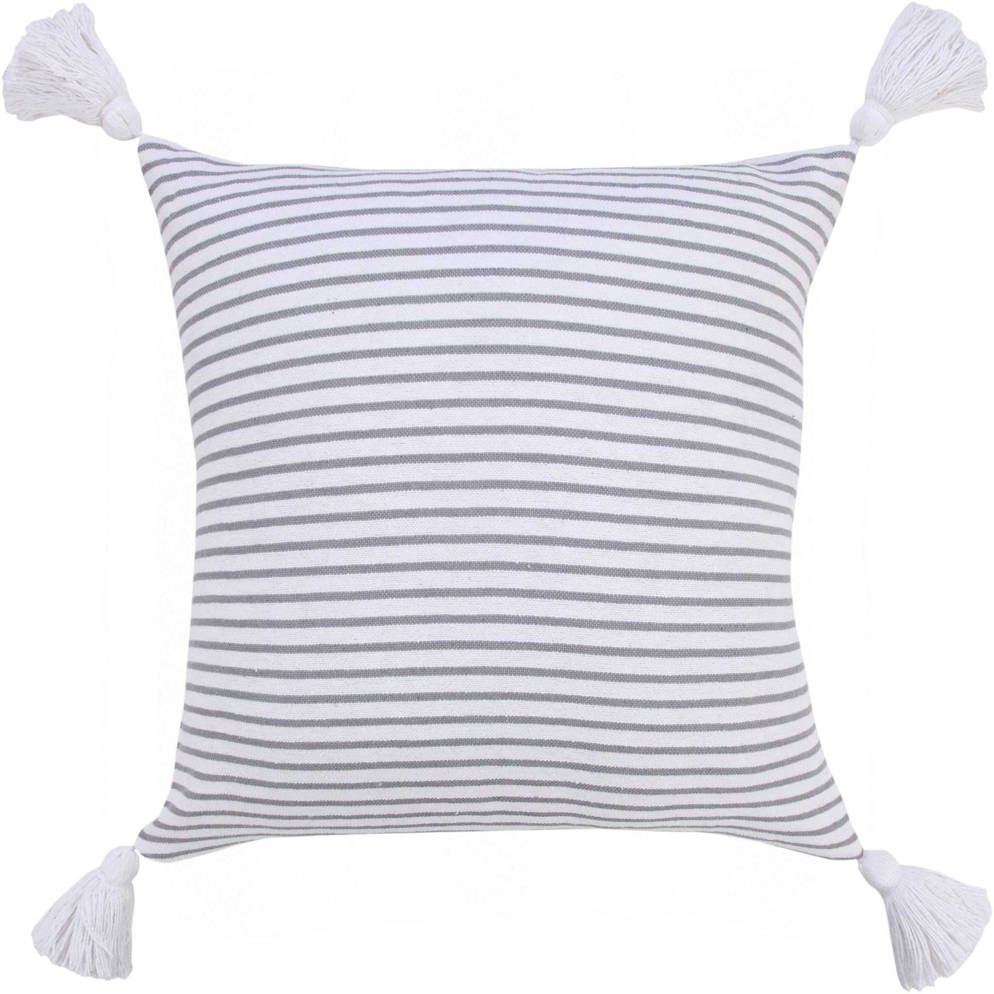 20" Gray And White Striped Cotton Throw Pillow Cover with Tassels - HomeRoots - Flyclothing LLC