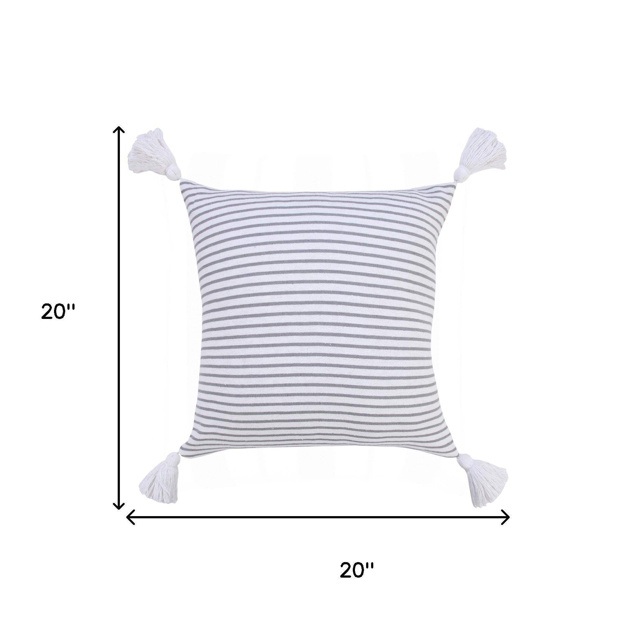 20" Gray And White Striped Cotton Throw Pillow Cover with Tassels - HomeRoots - Flyclothing LLC