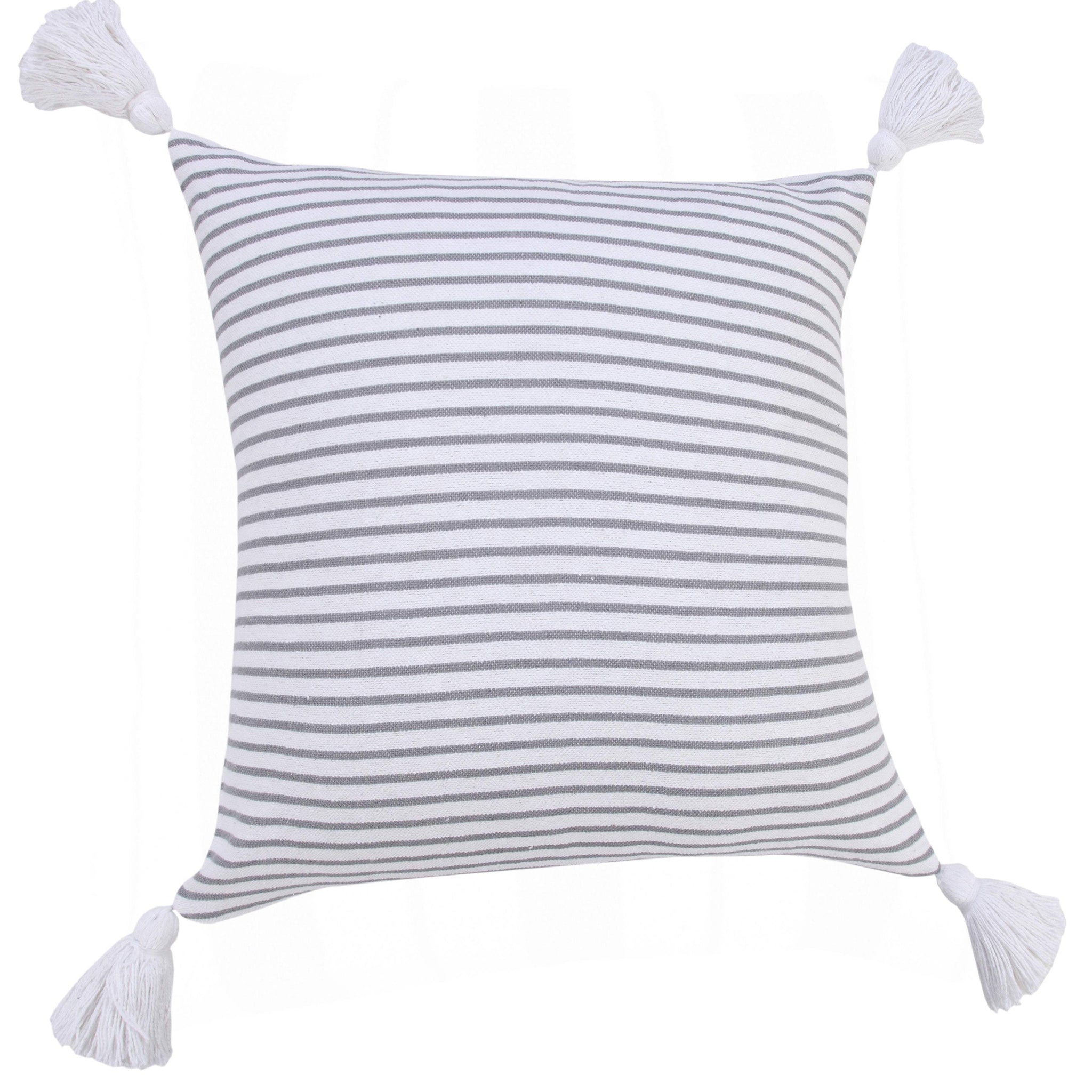 20" Gray And White Striped Cotton Throw Pillow Cover with Tassels - HomeRoots - Flyclothing LLC