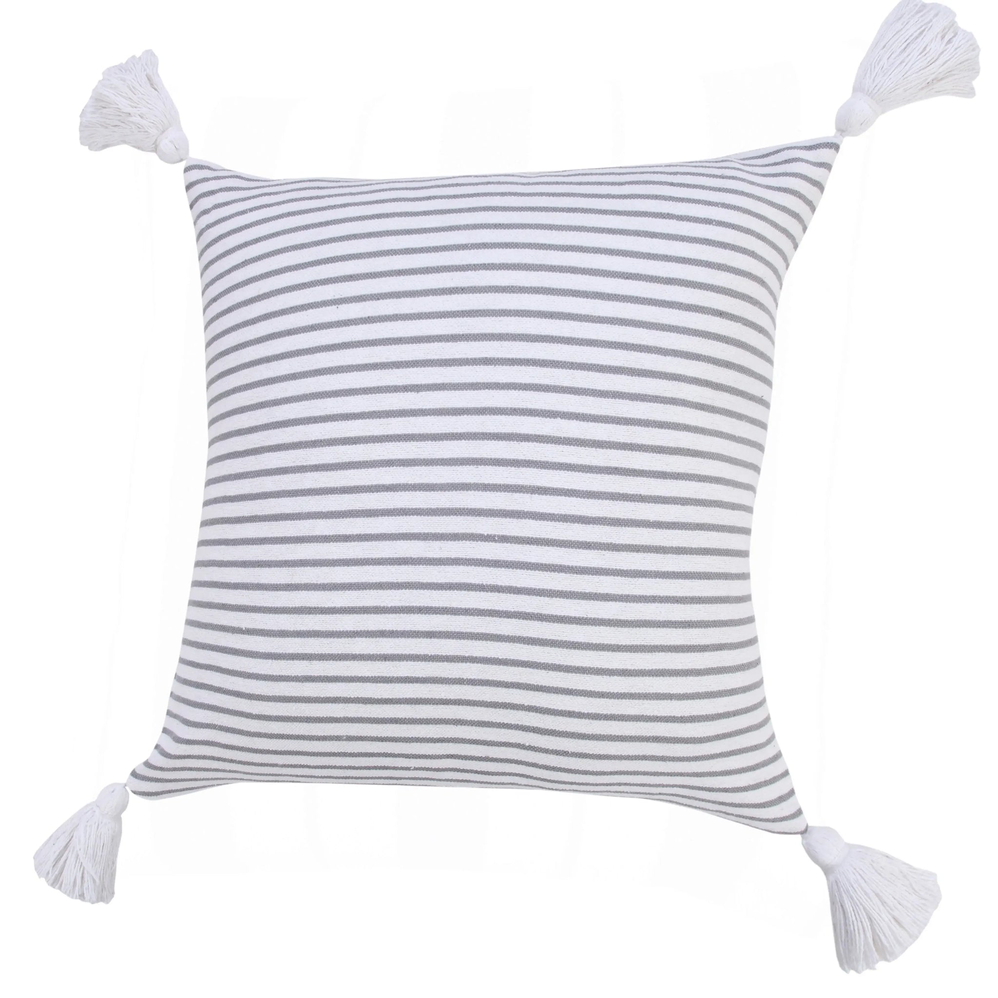 20" Gray And White Striped Cotton Throw Pillow Cover with Tassels - Homeroots - Flyclothing LLC