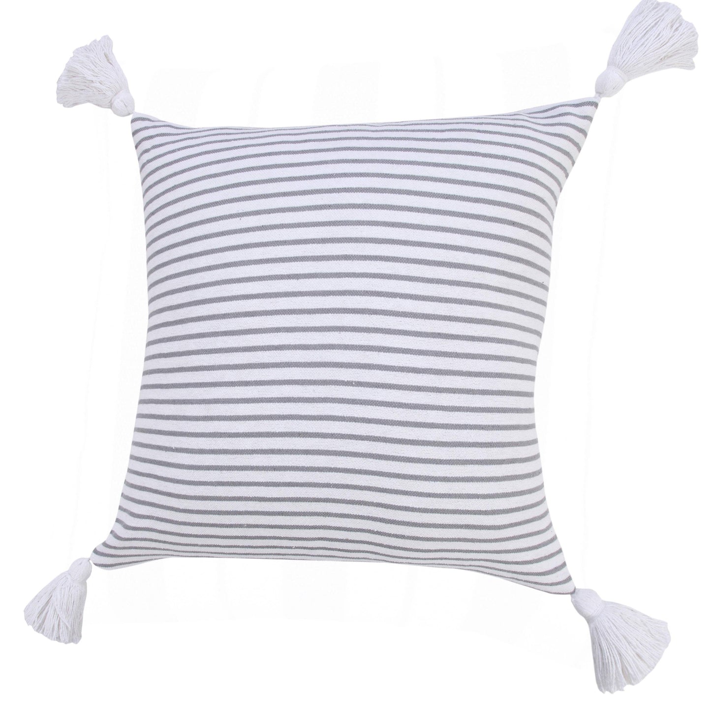 20" Gray And White Striped Cotton Throw Pillow Cover with Tassels - HomeRoots - Flyclothing LLC