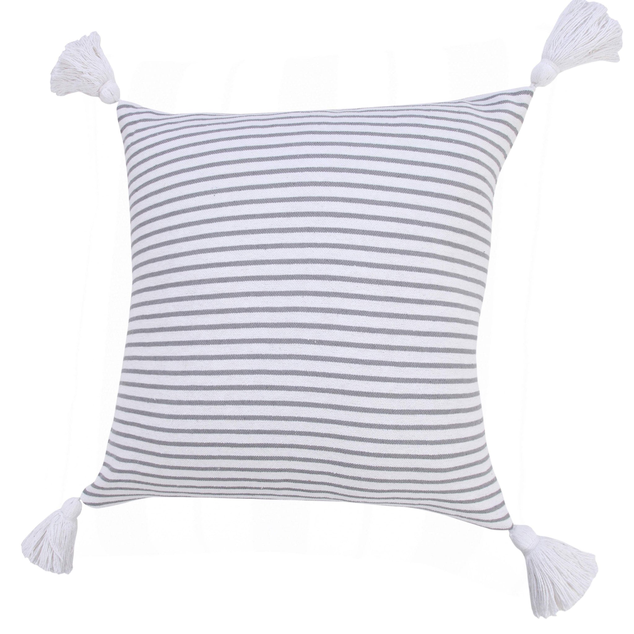 20" Gray And White Striped Cotton Throw Pillow Cover with Tassels - HomeRoots - Flyclothing LLC