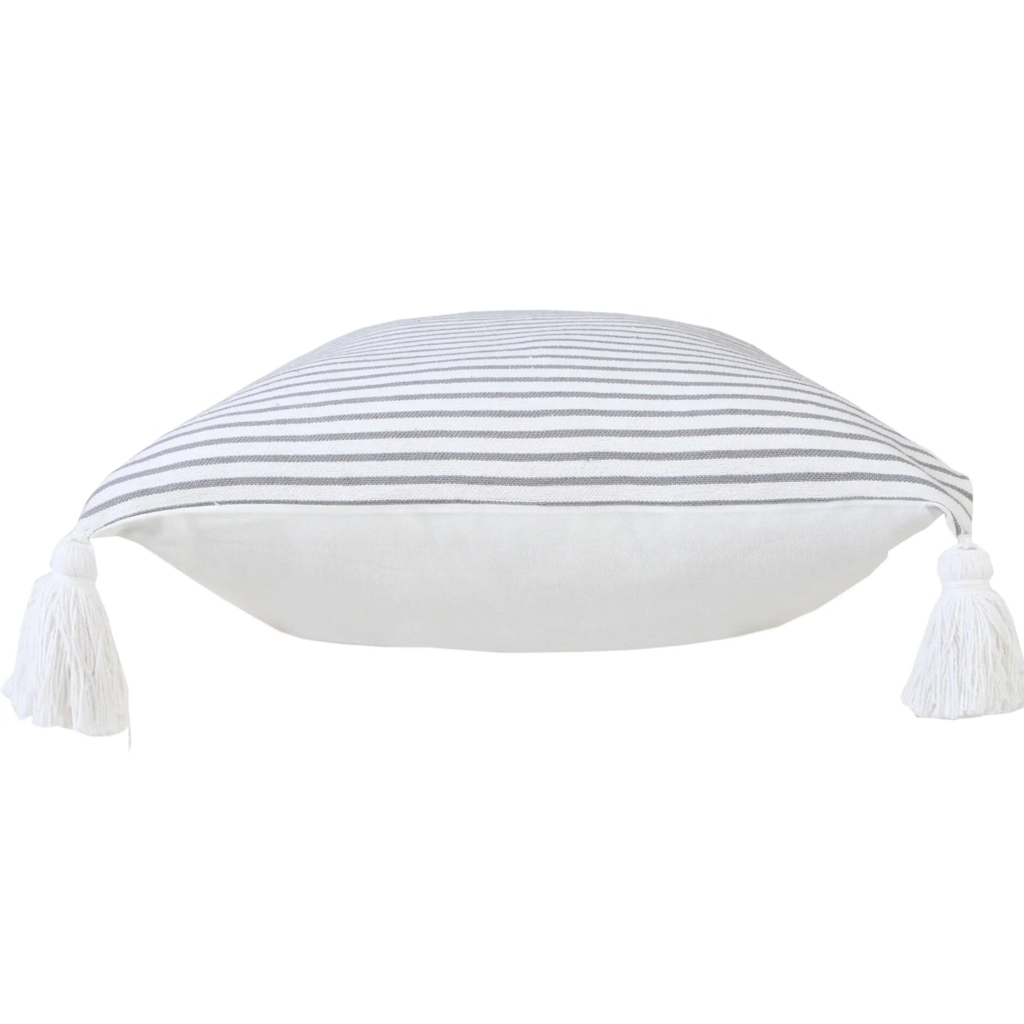 20" Gray And White Striped Cotton Throw Pillow Cover with Tassels - Homeroots - Flyclothing LLC