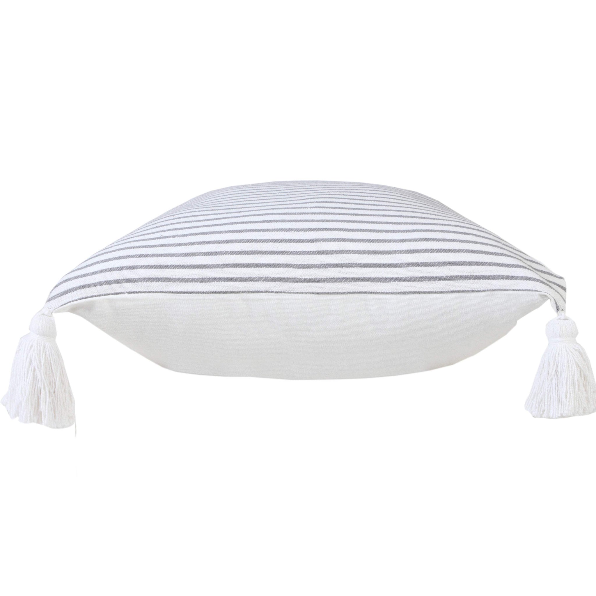 20" Gray And White Striped Cotton Throw Pillow Cover with Tassels - HomeRoots - Flyclothing LLC