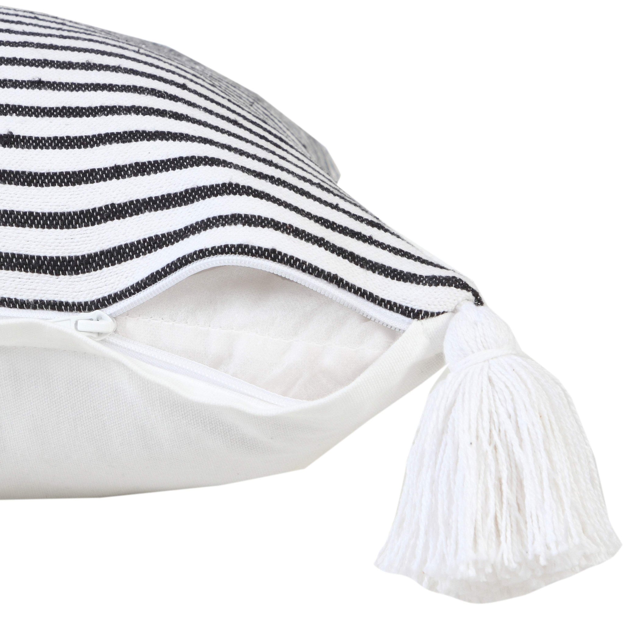 20" Black And White Striped Cotton Throw Pillow Cover with Tassels - HomeRoots - Flyclothing LLC
