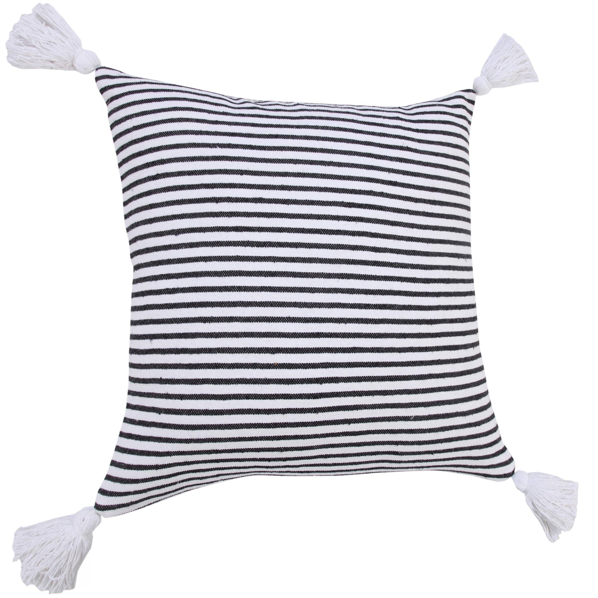 20" Black And White Striped Cotton Throw Pillow Cover with Tassels - HomeRoots - Flyclothing LLC