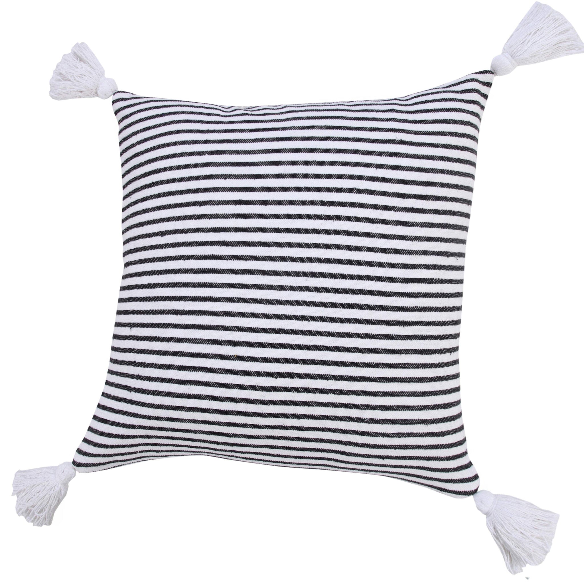 20" Black And White Striped Cotton Throw Pillow Cover with Tassels - HomeRoots - Flyclothing LLC