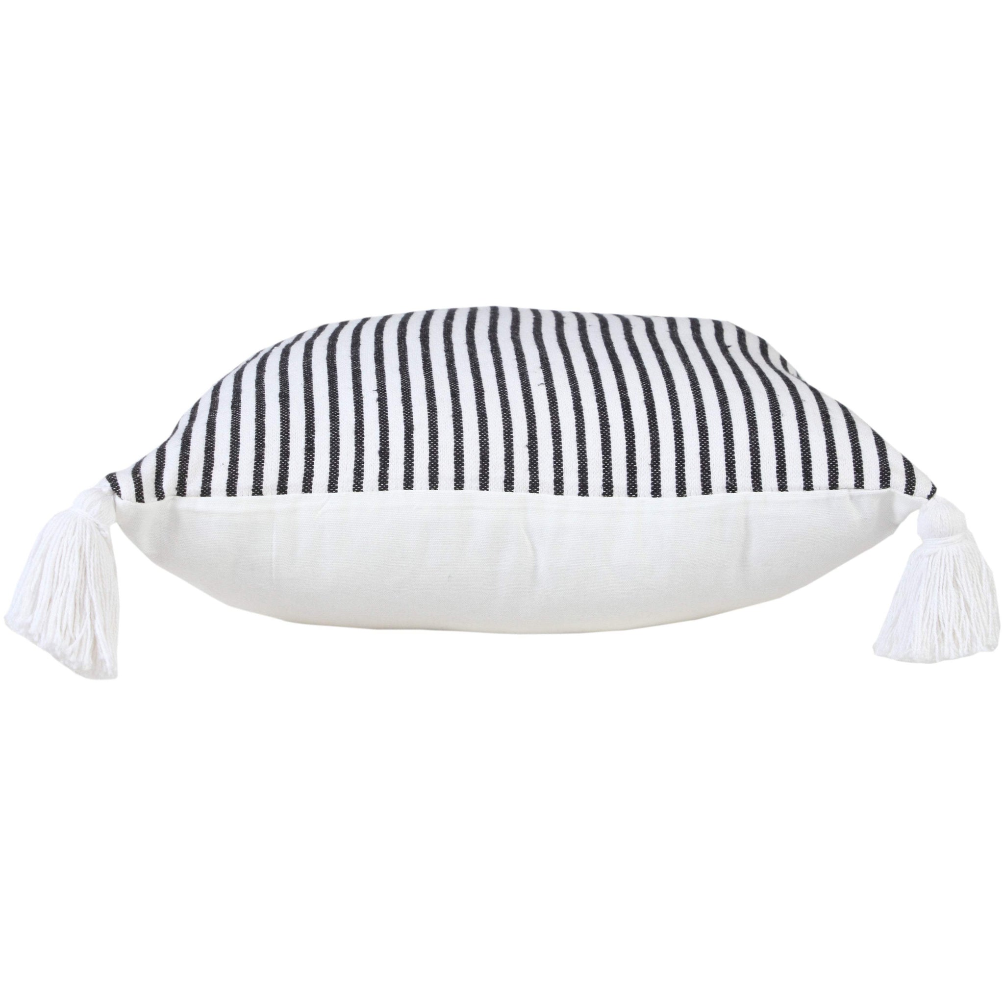 20" Black And White Striped Cotton Throw Pillow Cover with Tassels - HomeRoots - Flyclothing LLC