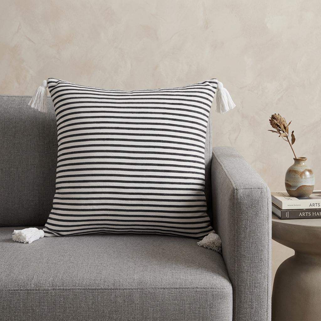 20" Black And White Striped Cotton Throw Pillow Cover with Tassels - HomeRoots - Flyclothing LLC