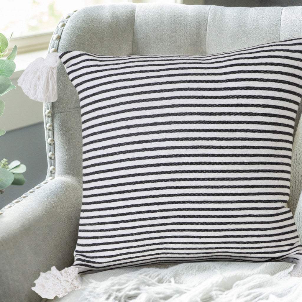 20" Black And White Striped Cotton Throw Pillow Cover with Tassels - HomeRoots - Flyclothing LLC