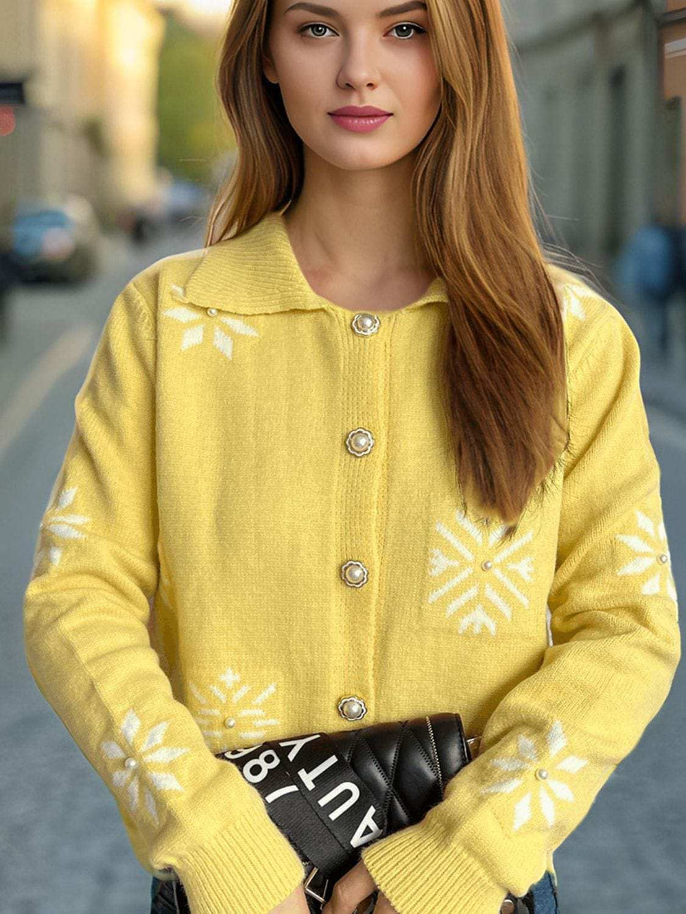 Pearl Trim Collared Neck Long Sleeve Cardigan - Trendsi - Flyclothing LLC