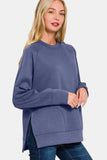 Zenana Scuba Round Neck Side Slit Sweatshirt - Trendsi - Flyclothing LLC