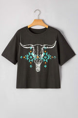Bull Head Skull Round Neck Short Sleeve T Shirt - Trendsi - Flyclothing LLC