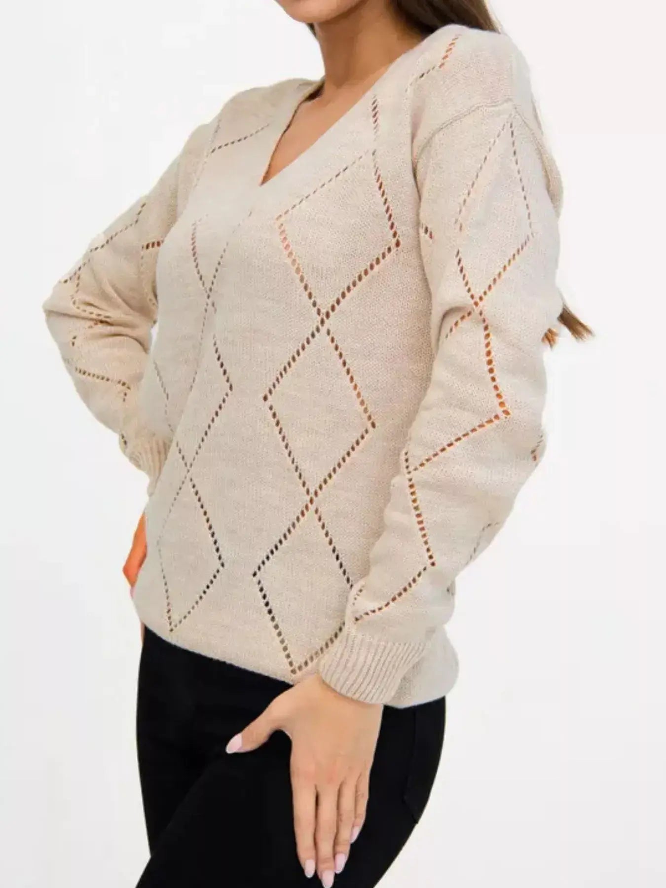 Openwork V-Neck Sweater - Trendsi - Flyclothing LLC