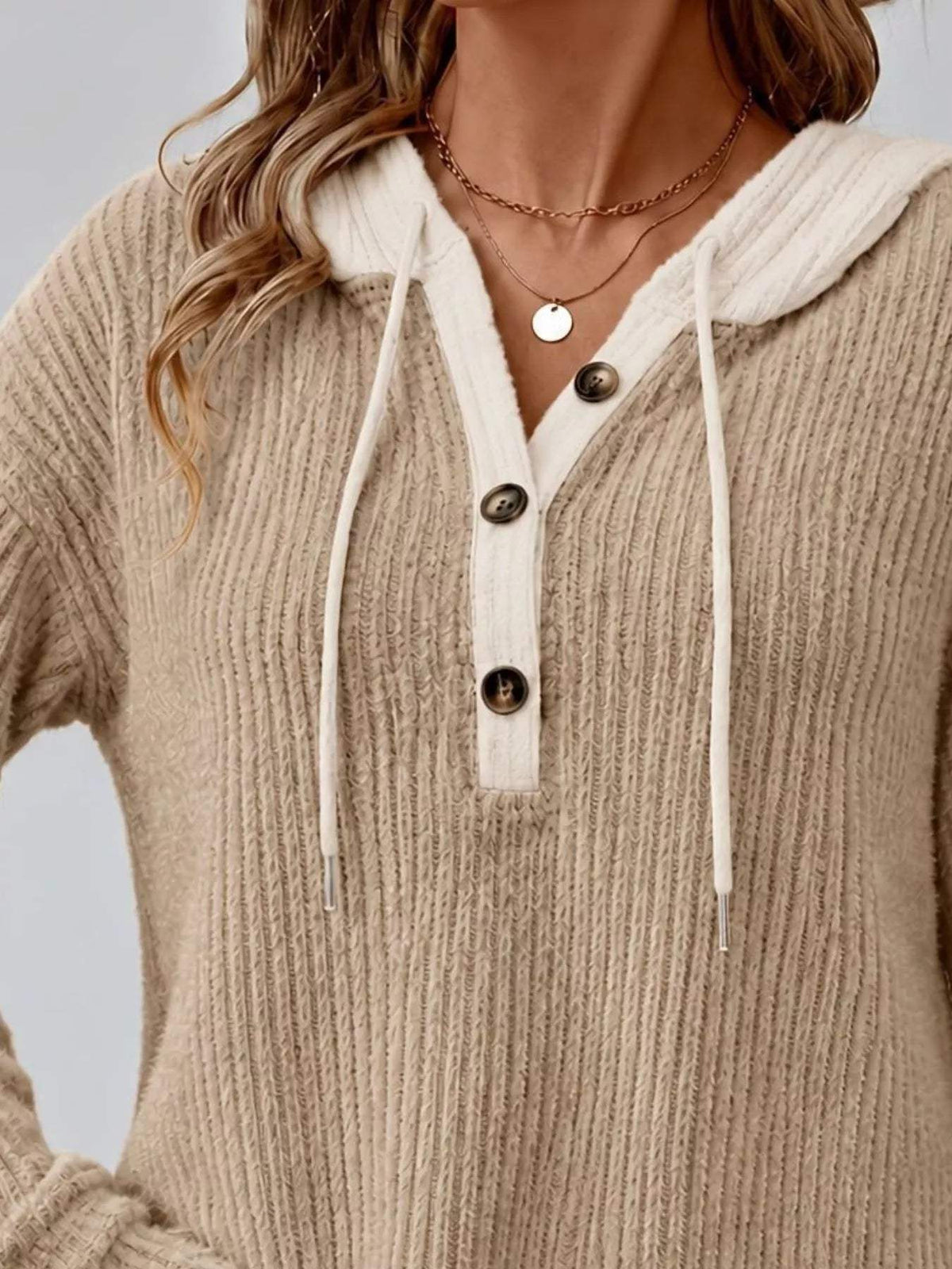 Full Size Drawstring Button Detail Hooded Sweater Plus Size - Trendsi - Flyclothing LLC