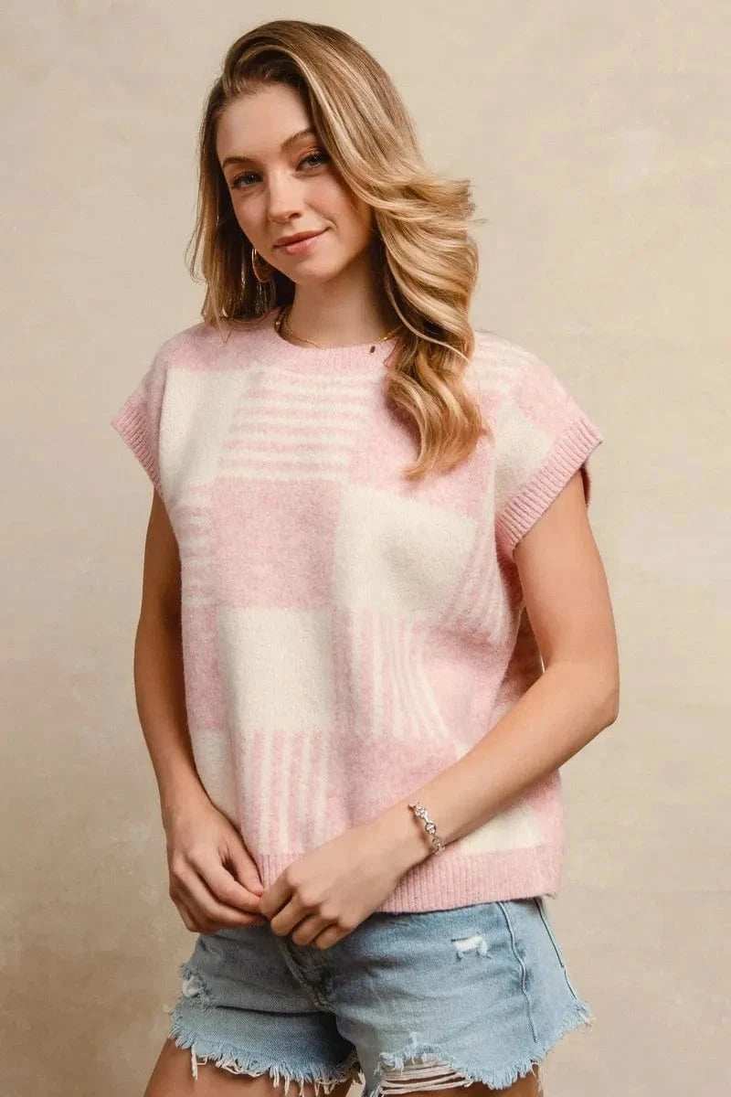 BiBi Checker With Stripes Pattern Sleeveless Sweater - Trendsi - Flyclothing LLC
