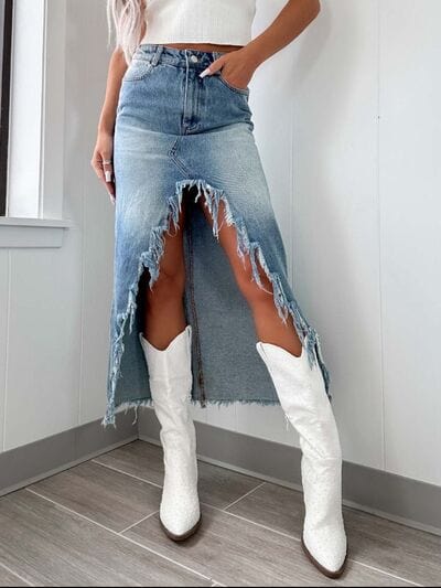 High-Waist Raw Hem Asymmetry Denim Skirt - Trendsi