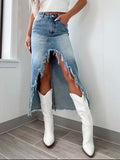 High-Waist Raw Hem Asymmetry Denim Skirt - Trendsi