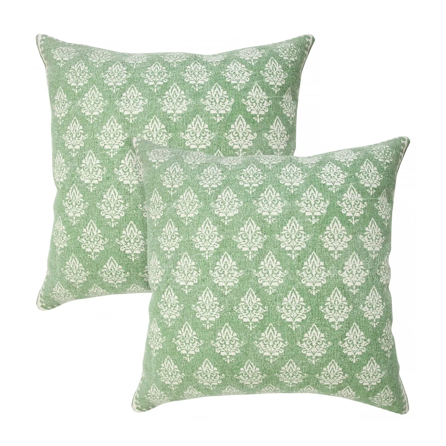 Set of Two 20" Green And Off White Damask Cotton Throw Pillows - Homeroots - Flyclothing LLC