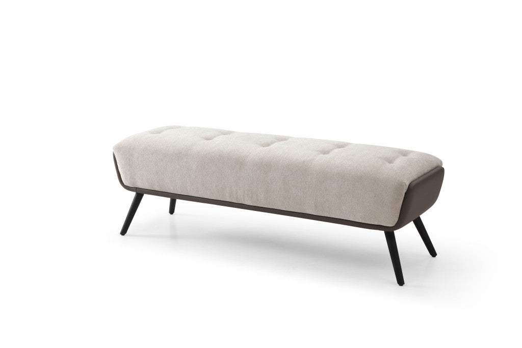 58" Beige Dark Gray and Black Tufted Faux Leather Fabric and Steel Upholstered Bench - HomeRoots - Flyclothing LLC