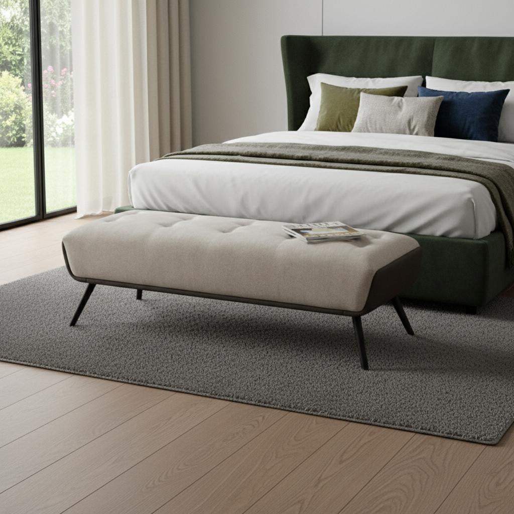 58" Beige Dark Gray and Black Tufted Faux Leather Fabric and Steel Upholstered Bench - HomeRoots - Flyclothing LLC