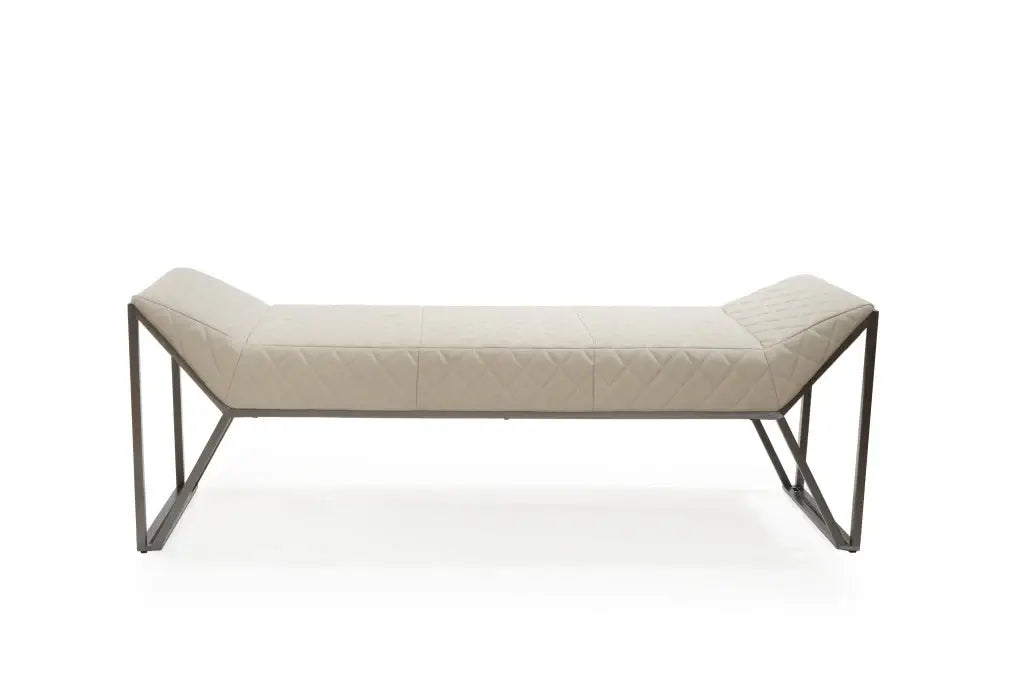 63" Cream and Gray Quilted Faux Leather and Steel Upholstered Bench - Homeroots - Flyclothing LLC