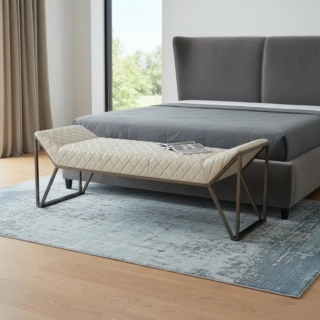 63" Cream and Gray Quilted Faux Leather and Steel Upholstered Bench - Homeroots - Flyclothing LLC