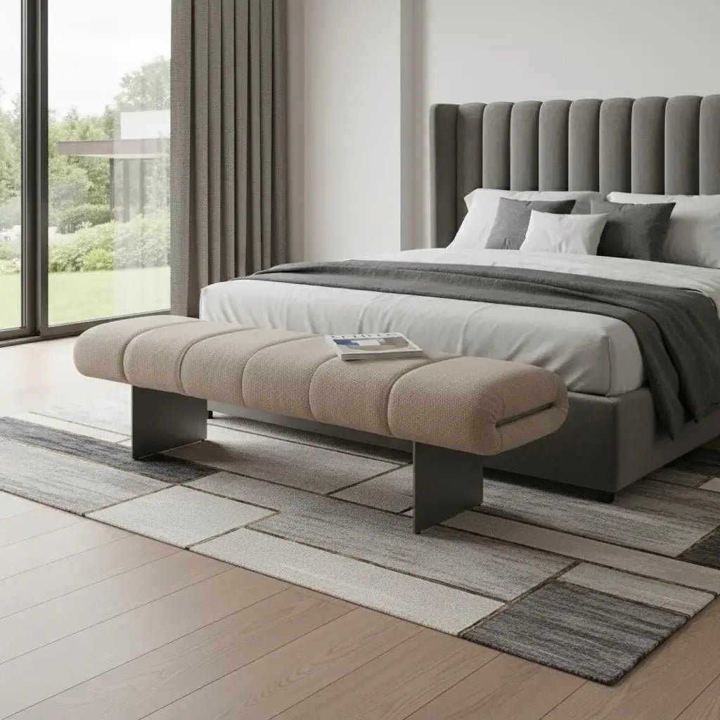 63" Beige and Nickel Boucle and Steel Upholstered Bench - Homeroots - Flyclothing LLC